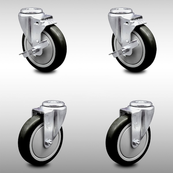 Service Caster 5 Inch SS Black Polyurethane Wheel Swivel Bolt Hole Caster Set with 2 Brake SCC SCC-SSBH20S514-PPUB-BLK-TLB-2-S-2 - main
